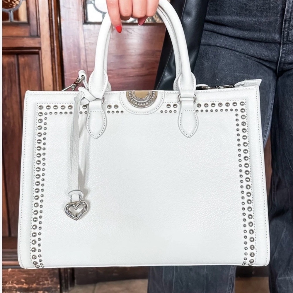 2025 Brighton Jaxon Tote Chic White Studded Satchel with Heart Charm